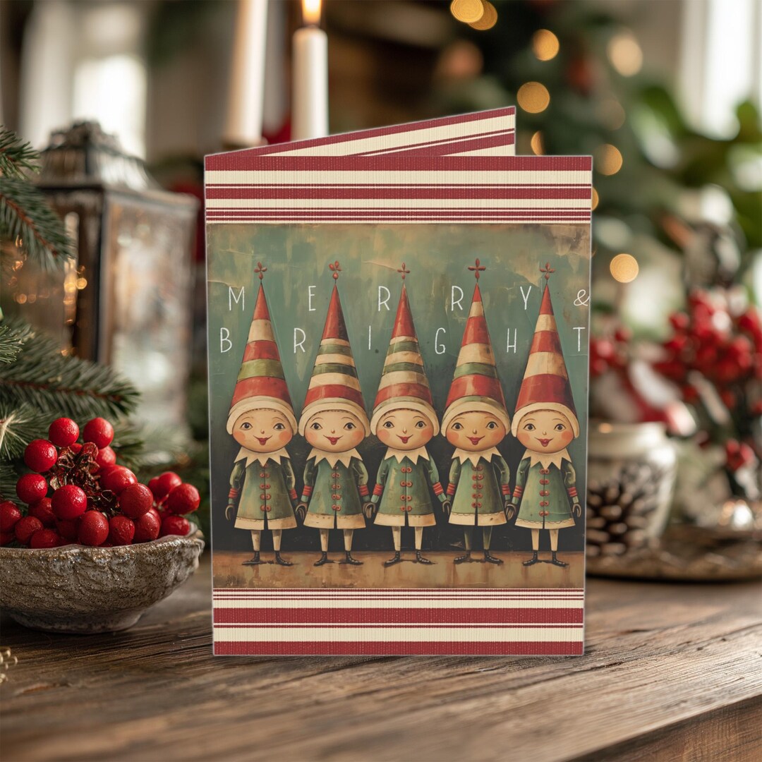 Christmas Card Set - Merry & Bright Vintage Santas Elves in Sets of 10 ...