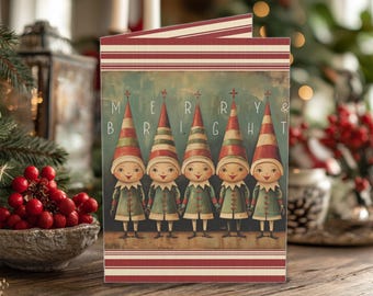 Kerstkaartenset - Merry & Bright vintage kerstmannen elfen in sets van 10, 30 of 50, leuke kerstkaartensets, aangepaste kerstkaartenset, 5 x 7