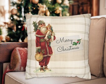 Vintage Santa Claus Christmas Throw Pillows + Covers, Beige Plaid
