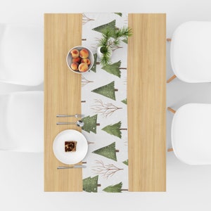 Christmas Holiday Table Runner - Woodland Tree & Snow Design, Minimalist Christmas Table Runner, Snowy Pine Table Decor, Winter Table Decor