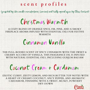 May include: A cream-colored graphic lists scent profiles for candles. The text includes "Christmas Warmth," "Cinnamon Vanilla," and "Coconut Cream + Cardamom." Descriptions detail the fragrance notes, such as orange spice, cinnamon, and coconut.