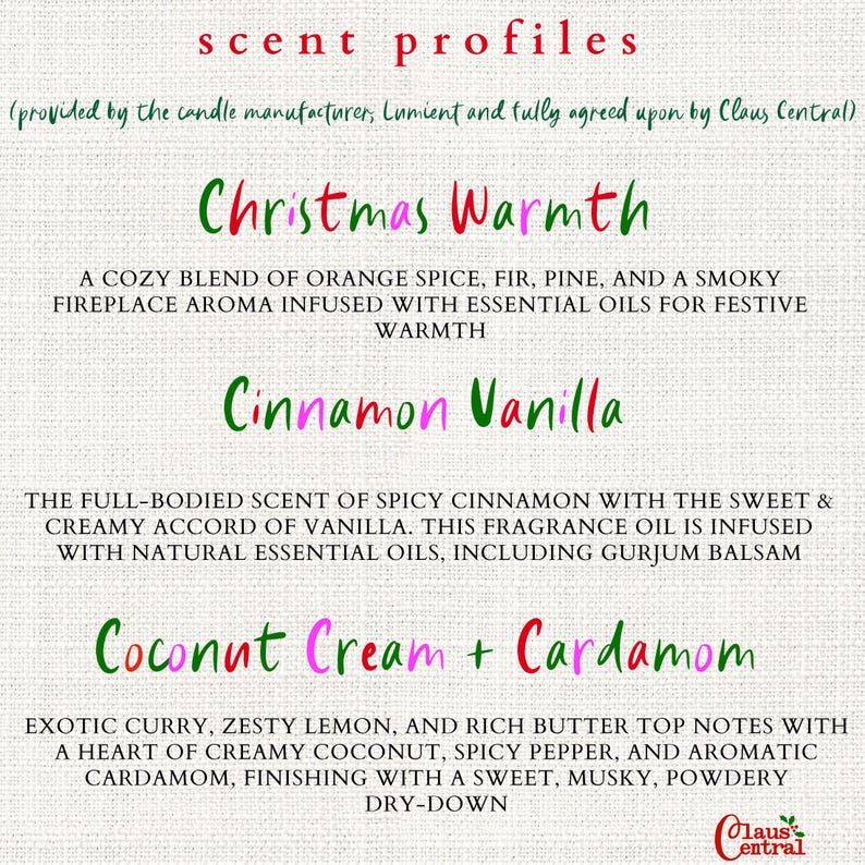 May include: A cream-colored graphic lists scent profiles for candles. The text includes "Christmas Warmth," "Cinnamon Vanilla," and "Coconut Cream + Cardamom." Descriptions detail the fragrance notes, such as orange spice, cinnamon, and coconut.