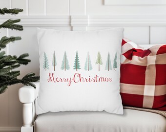 Merry Christmas Tree Line Throw Pillow, Farmhouse Holiday Decor