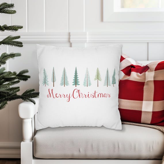 Merry Christmas Tree Line Throw Pillow, Farmhouse Holiday Decor