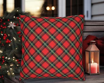 Red and Green Diagonal Plaid Christmas Holiday Throw Pillow, Red