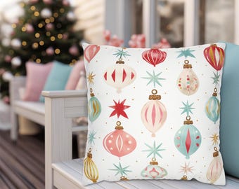 Pastel Christmas Ornament Throw Pillows + Covers, Retro Holiday Decor