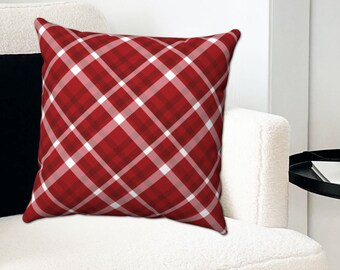 RED MAROON & WHITE Diagonal Tartan Plaid Square Pillow Cover, Red Tartan Plaid Winter Holiday Christmas Pillows, 14x14, 16x16, 18x18, 20x20