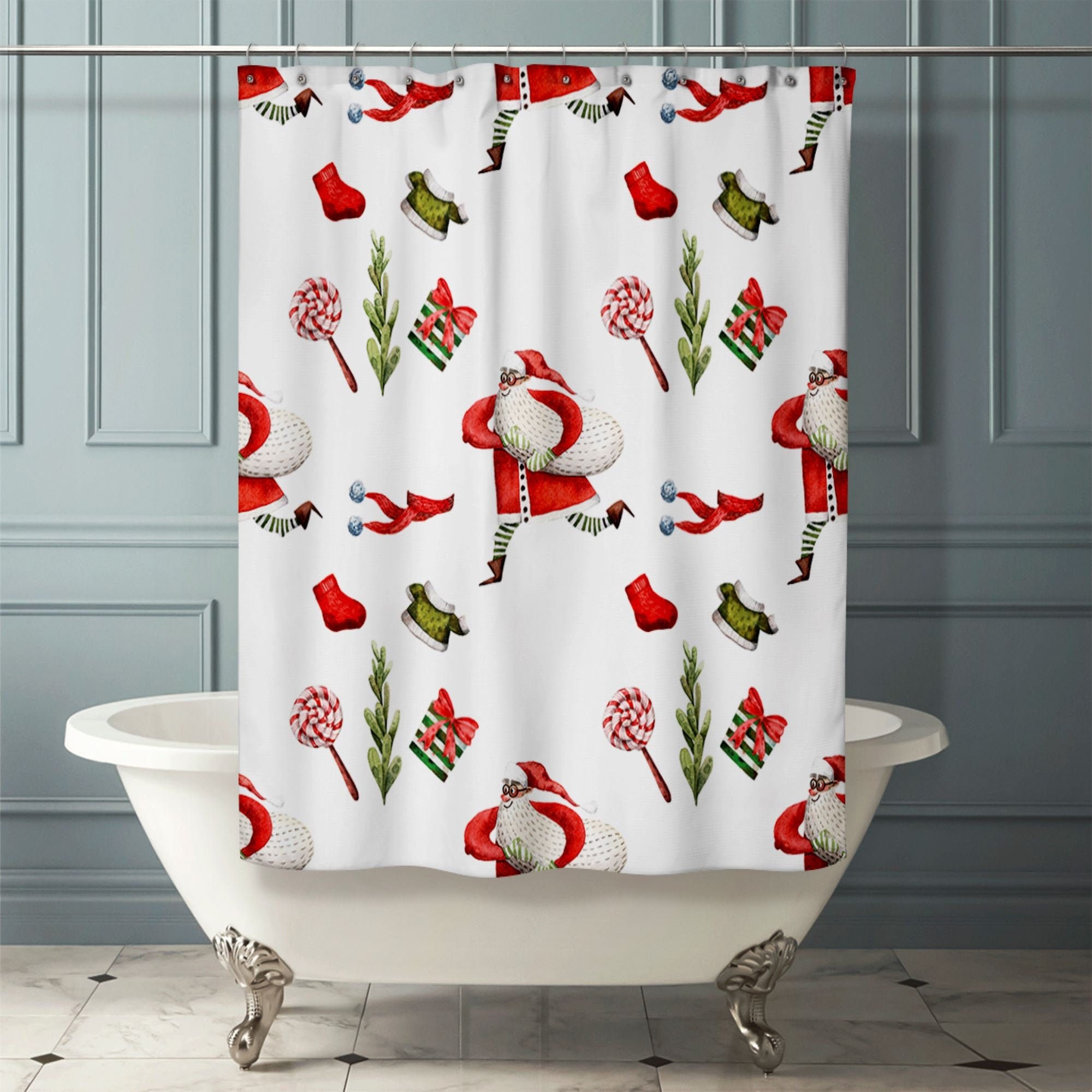 Running Santa Shower Curtain Christmas Bathroom Decor Santa Etsy