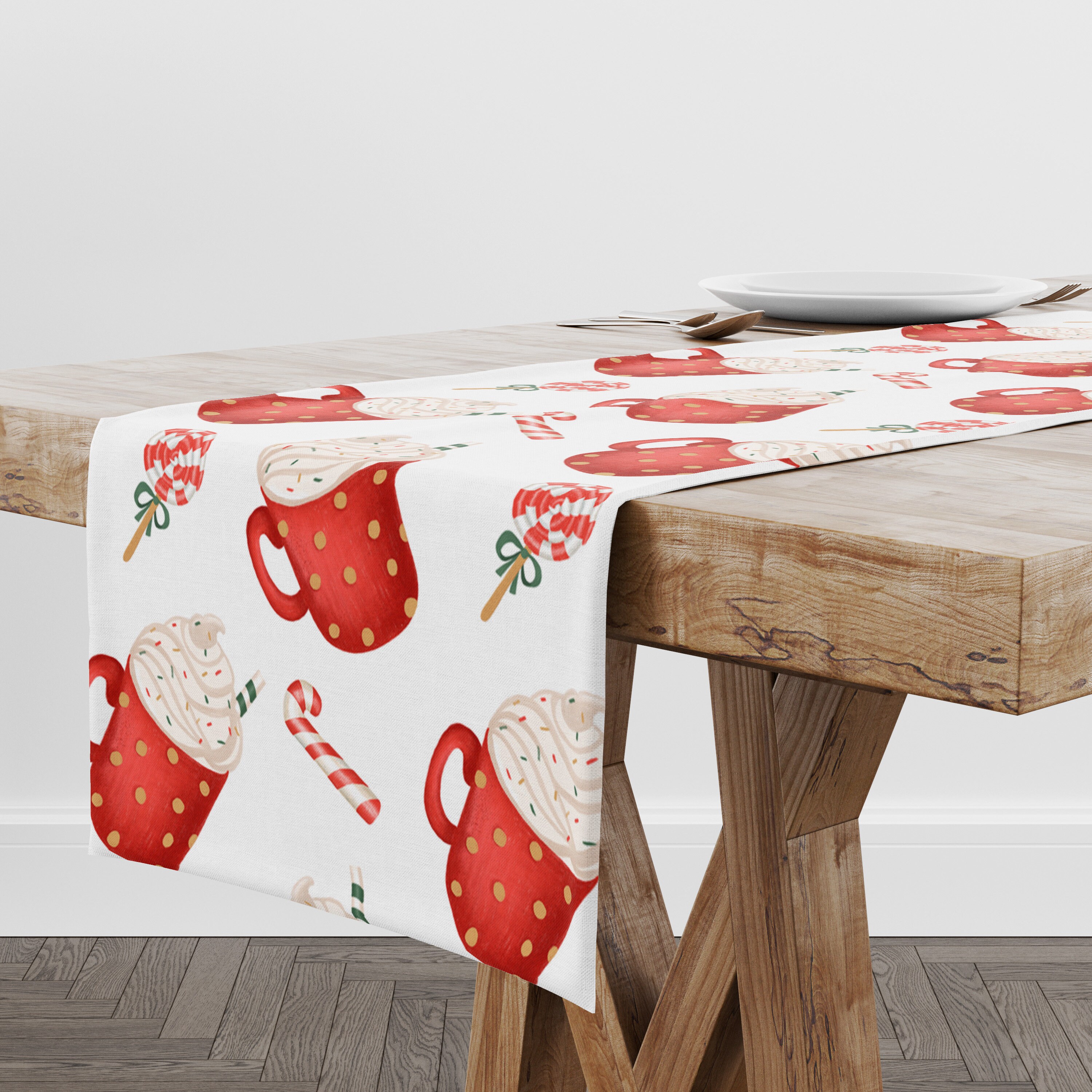 Weihnachtlicher Tischläufer Mit Zuckerstangen-Muster – 70 Cm Lang, Aus Polyester, Waschbar