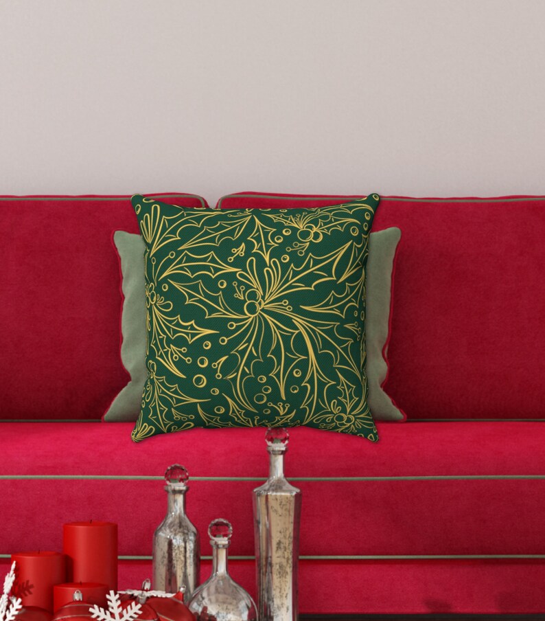 CHRISTMAS PILLOW COVER Green and Gold Holly Pattern Gold Etsy