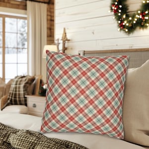Plaid Throw Pillow, Light Blue Red Beige Diagonal Pattern Cushion Cover, Home Decor Accent, Farmhouse Pillowcase, Rustic Outdoor Pillow