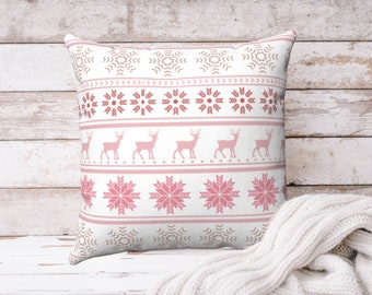 CHRISTMAS PILLOW COVER, Snowflake & Reindeer Pattern, Pink Christmas Decor, Holiday Decor, Holiday Pillows, Pastel Christmas, Multiple Sizes