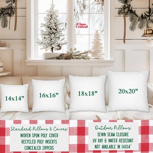 May include: Four white pillow covers with different sizes: 14x14 inches, 16x16 inches, 18x18 inches, and 20x20 inches. The pillow covers are displayed on a white surface with a red and white checkered pattern underneath. The text "Standard Pillows & Covers" and "Outdoor Pillows" are displayed on the checkered surface.