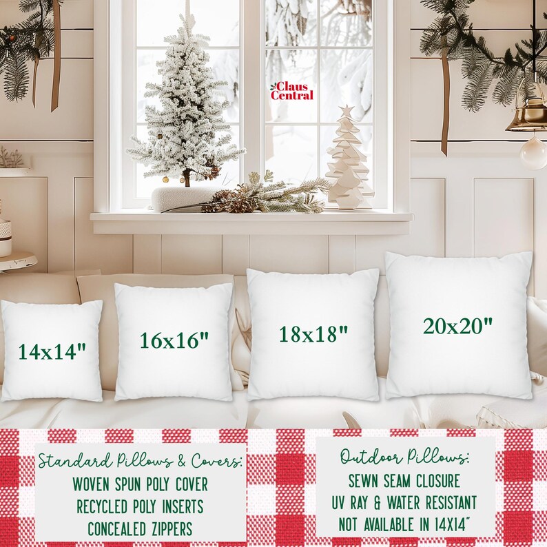 May include: Four white pillow covers with different sizes: 14x14 inches, 16x16 inches, 18x18 inches, and 20x20 inches. The pillow covers are displayed on a white surface with a red and white checkered pattern underneath. The text "Standard Pillows & Covers" and "Outdoor Pillows" are displayed on the checkered surface.