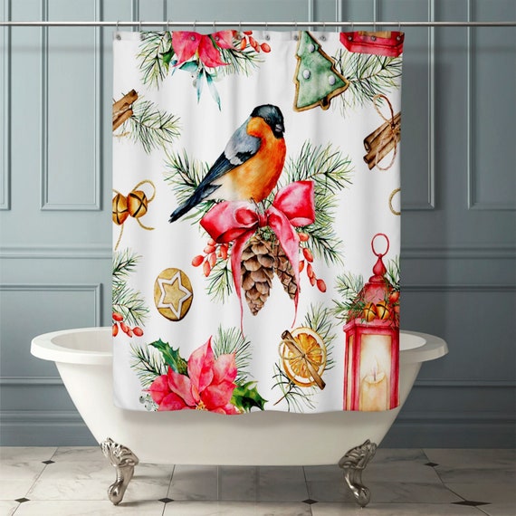 CHRISTMAS SHOWER CURTAIN Christmas Bathroom Decor Bird | Etsy