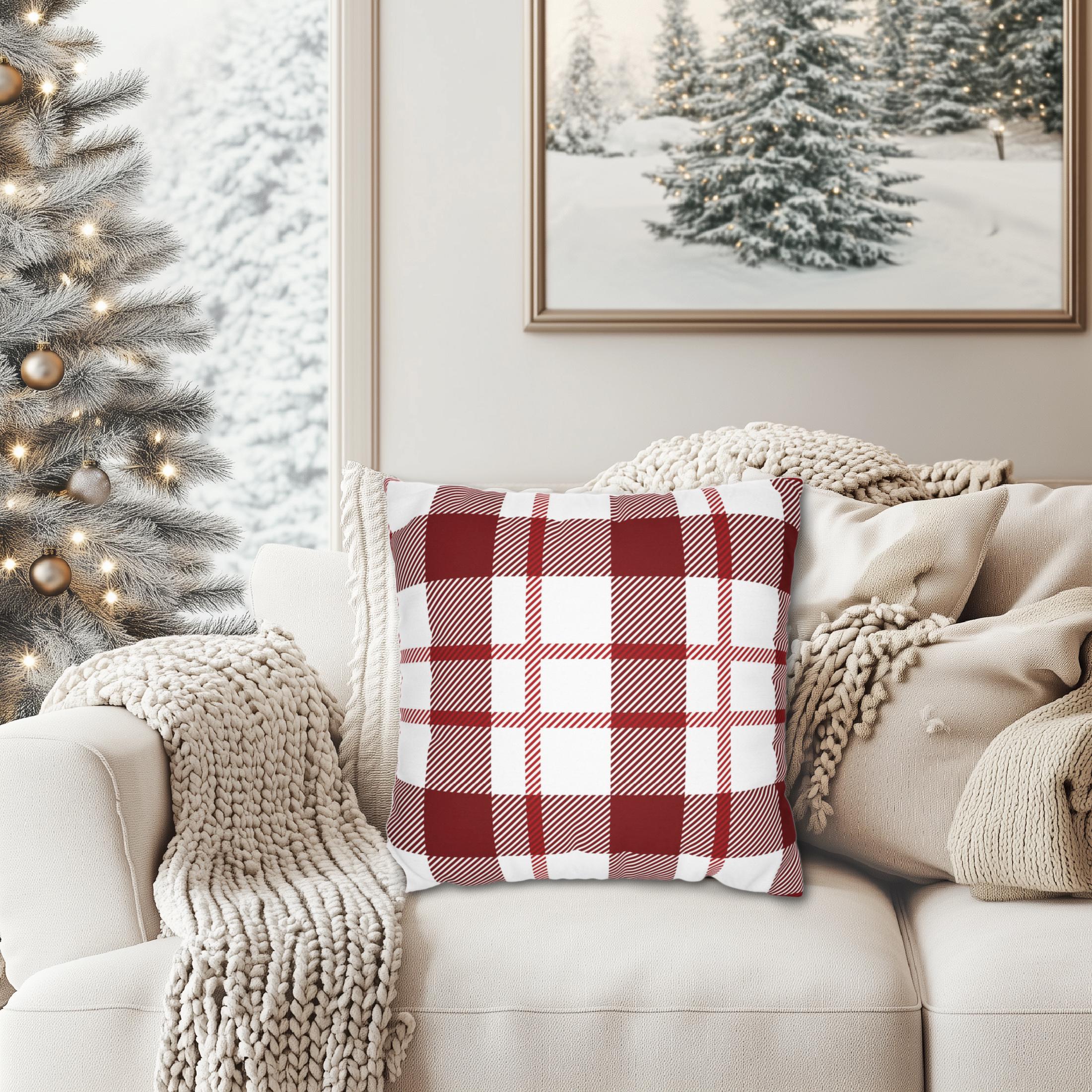 Maroon White Plaid Throw Pillows and Covers, Classic Winter Holiday…