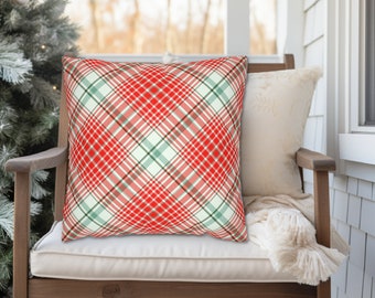 Vintage Style Red Green Plaid Christmas Throw Pillow : Multiple Sizes + Options