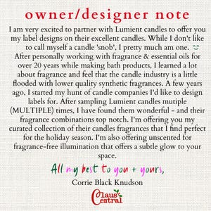 May include: Text from the owner/designer of Olaus Central, discussing a partnership with Lumient candles. The text mentions fragrance, candle labels, and a curated collection for the holiday season. The text is written in a casual, friendly tone.
