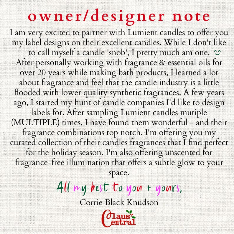 May include: Text from the owner/designer of Olaus Central, discussing a partnership with Lumient candles. The text mentions fragrance, candle labels, and a curated collection for the holiday season. The text is written in a casual, friendly tone.