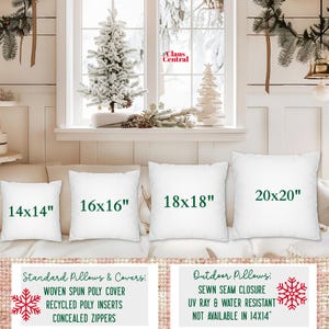 May include: Four white square pillows of varying sizes, labeled 14x14 inches, 16x16 inches, 18x18 inches, and 20x20 inches, are displayed. The pillows have green text indicating their dimensions. The image is set against a winter-themed backdrop with a Christmas tree.