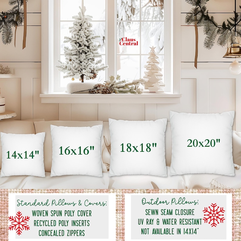 May include: Four white square pillows of varying sizes, labeled 14x14 inches, 16x16 inches, 18x18 inches, and 20x20 inches, are displayed. The pillows have green text indicating their dimensions. The image is set against a winter-themed backdrop with a Christmas tree.