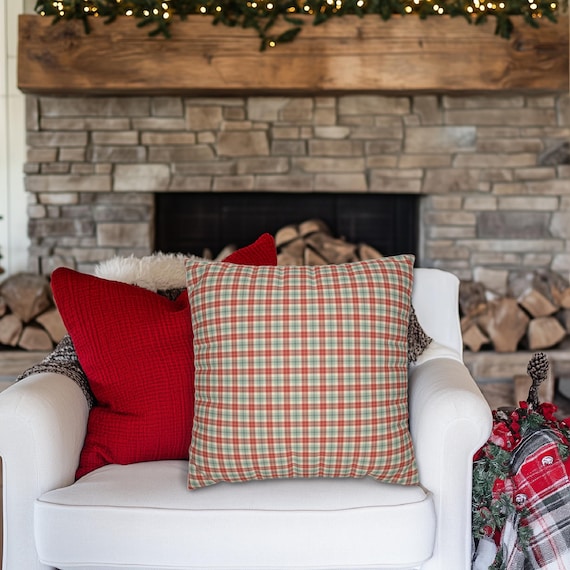 Plaid Throw Pillow With Red and Light Blue Pattern Winter Holiday Christmas Plaid Pillow Covers Farmhouse Plaid Pillows Outdoor Pillows Etsy