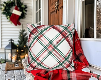 Red Green X Plaid Throw Pillow, Christmas Holiday Home Decor