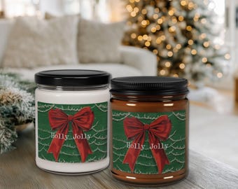 Christmas Holiday Candle - Holly Jolly Red Bow Green Silver : Choose Your Fragrance -  9 oz