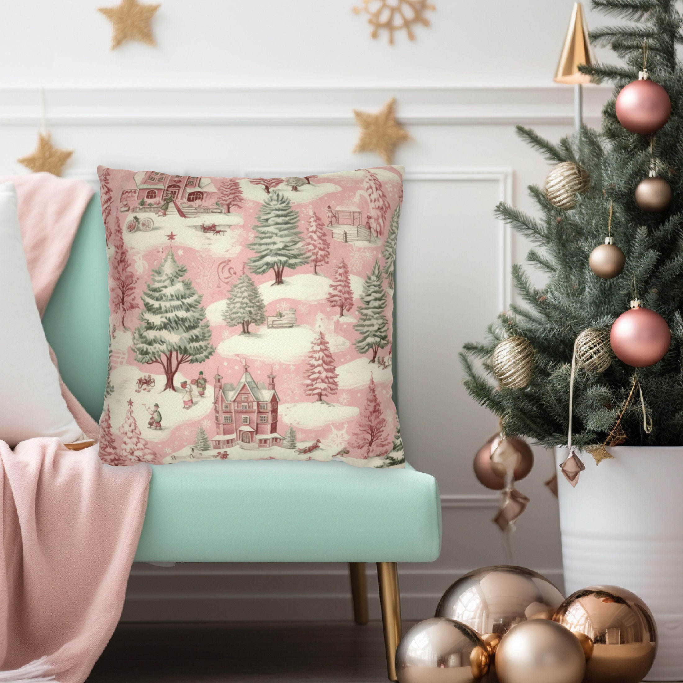 PASTEL CHRISTMAS PILLOW Pink Holiday Whimsical Vintage Village Throw Pillow  Cover in 4 Sizes, 14x14, 16x16, 18x18, 20x20 
