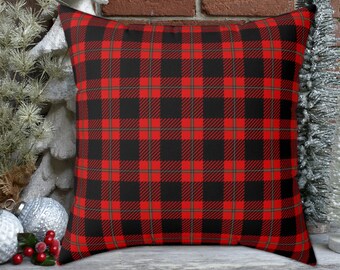 RED & BLACK TARTAN Plaid Square Throw Pillow Cover, Rustic Winter Christmas Holiday Red Plaid Pillow Covers, 14x14, 16x16, 18x18, 20x20