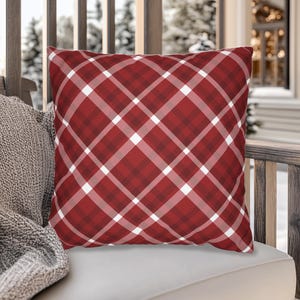 Red Maroon White Diagonal Tartan Plaid Square Throw Pillow, Red Tartan Plaid Winter Holiday Christmas Pillows, Red White Plaid Decor