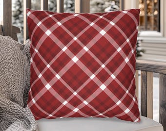 Red Tartan Diagonal Plaid Throw Pillow, Winter Holiday Decor