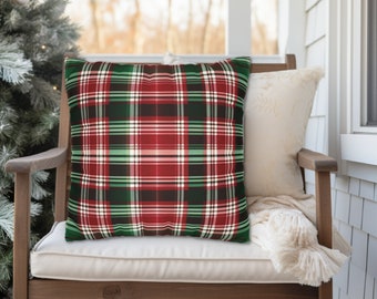 RED & GREEN Holiday Vintage Style Plaid Christmas Throw Pillow Cover, Red Green Plaid Holiday Throw Pillows, Vintage Style Plaid Pillows