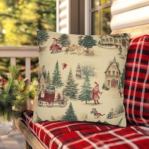 Christmas Throw Pillow Vintage Style Snowy Holiday Retro Village, Old Fashioned Christmas Pillow, Antique Style Christmas Holiday Decor