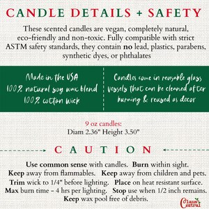 May include: Text on a white background details candle specifications and safety precautions. The text includes information about the candles being vegan, natural, and non-toxic. The candles are 2.36 inches in diameter and 3.50 inches in height. Safety instructions are also provided.