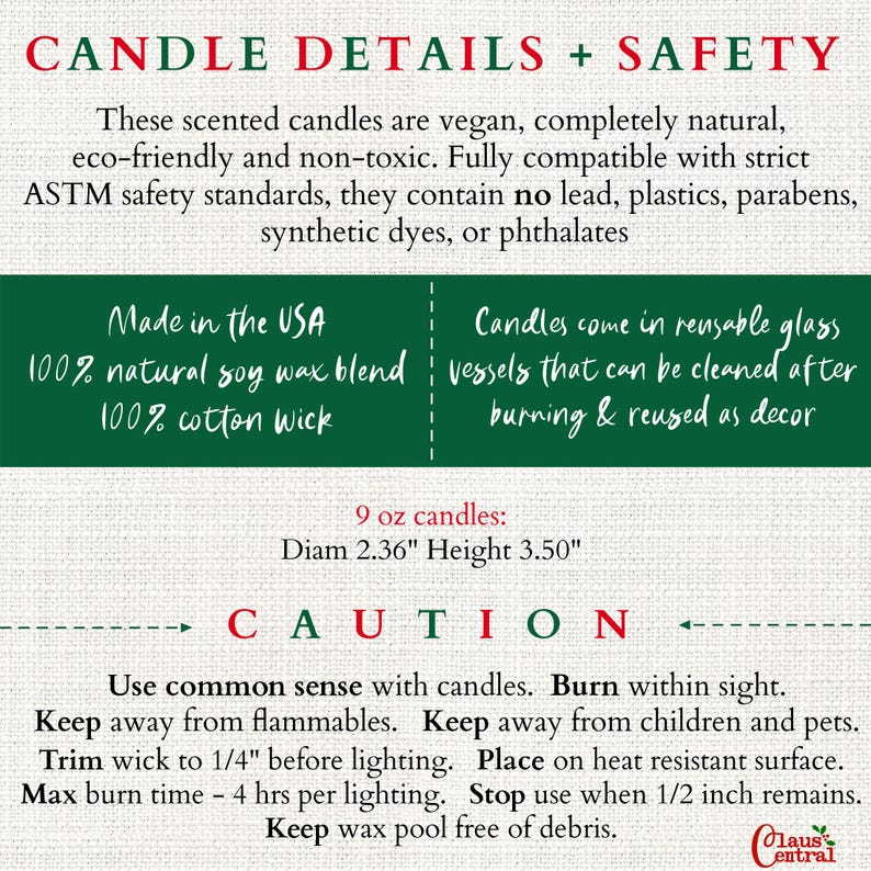 May include: Text on a white background details candle specifications and safety precautions. The text includes information about the candles being vegan, natural, and non-toxic. The candles are 2.36 inches in diameter and 3.50 inches in height. Safety instructions are also provided.