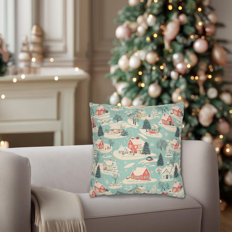 Christmas Village Throw Pillow : Vintage Retro Style Pastel Blue &amp; Pink ...