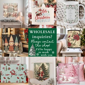 May include: A collage of Christmas-themed products, including a throw pillow with a winter scene, a mug with the text "all is calm all is bright", a canvas print with the text "Let's watch Christmas movies", and a tote bag with a whimsical illustration of three gnomes.