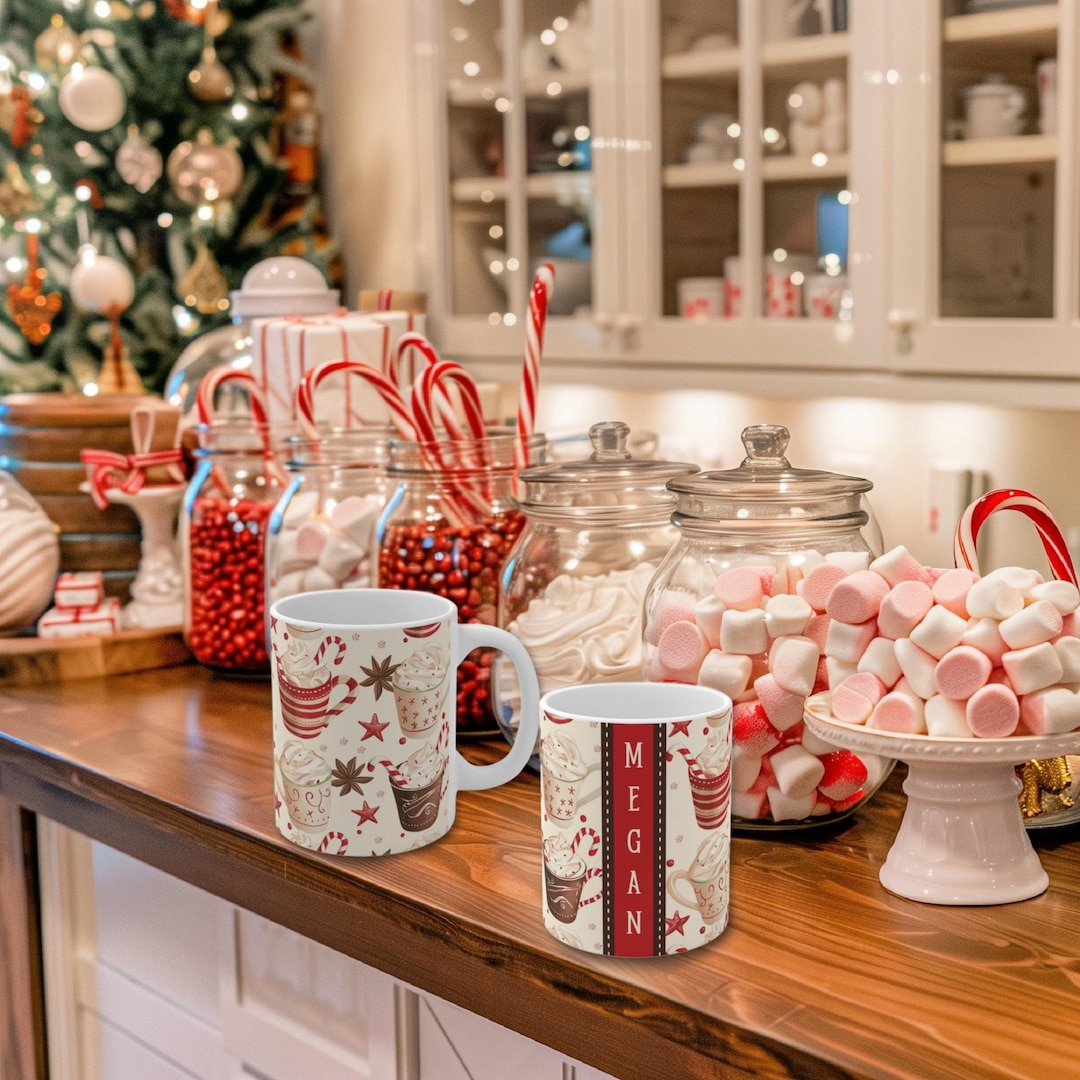 Custom Christmas Mug With Mug Stars & Candy Cane Pattern in 2 Sizes