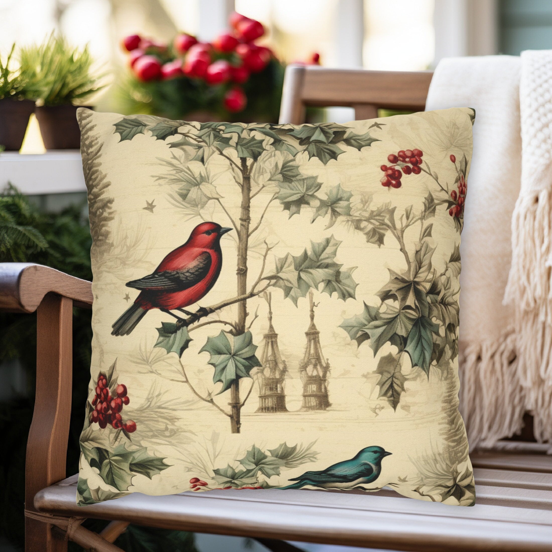 Christmas Bird Pillow Covers and Inserts, Winter Throw Pillow, Winter Tits  on Pine Cardinal Holly, Christmas Home Decorations Accent Pillows 