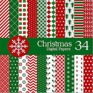 34 digitale Weihnachts Scrapbook Papiere mit Schneeflocken, Streifen, Kugeln etc. für den persönlichen und kommerziellen Gebrauch