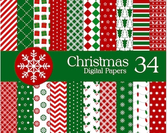 May include: A set of 34 digital Christmas paper designs in red, green, and white featuring various patterns including snowflakes, stars, presents, and Christmas trees.  Christmas Digital Papers.