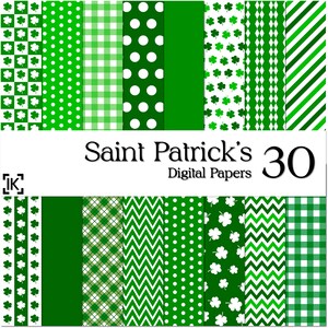 Peut inclure: Un ensemble de 30 papiers numériques présentant divers motifs verts et blancs, notamment des trèfles, des pois, du vichy et du chevron. Le texte "Saint Patrick's Digital Papers" est affiché au centre de l'image.