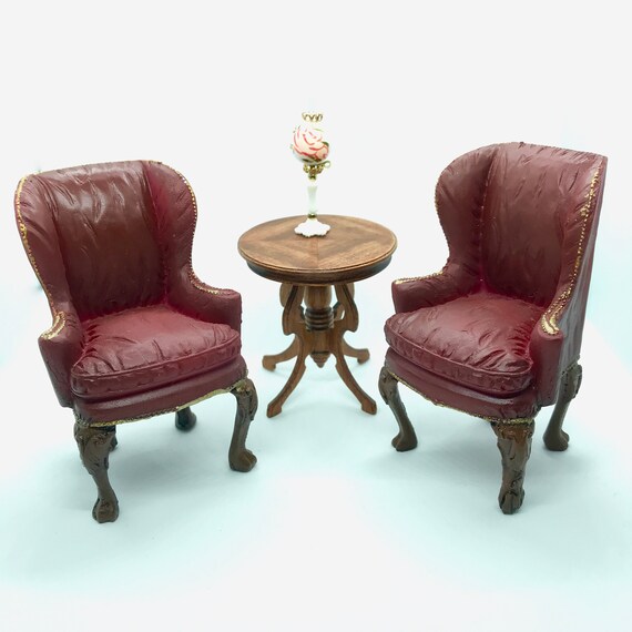 Pair Of Dollhouse Miniatures 1 12 Scale Chairs In Deep Red Etsy