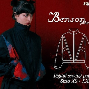 Peut inclure: Un patron de couture num&eacute;rique pour une veste noire avec une fermeture &eacute;clair blanche et un motif en chevron blanc. Le patron s'appelle "Benson Jacket" et est disponible dans les tailles XS &agrave; XXL.