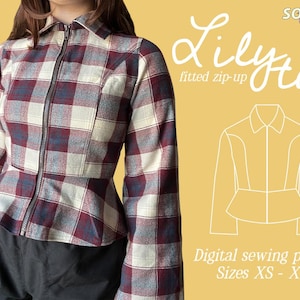 May include: A digital sewing pattern for a fitted zip-up top called "Lily Top". The pattern is available in sizes XS to XXL. The image shows a model wearing a red and white checked version of the top.