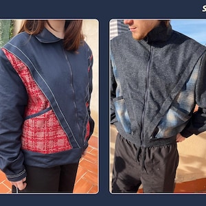 Peut inclure: Deux vestes bleues avec des panneaux de tissu contrast&eacute;s. Une veste a un panneau en tissu &eacute;cossais rouge et blanc, l'autre a un panneau en tissu &eacute;cossais bleu et blanc.