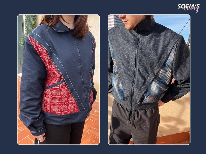 Peut inclure: Deux vestes bleues avec des panneaux de tissu contrast&eacute;s. Une veste a un panneau en tissu &eacute;cossais rouge et blanc, l'autre a un panneau en tissu &eacute;cossais bleu et blanc.