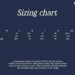 Peut inclure: Tableau des tailles pour un patron de v&ecirc;tement avec des mesures en centim&egrave;tres pour le tour de poitrine, le tour de hanches et la longueur des manches. Les tailles incluent XS, S, M, L, XL et XXL.