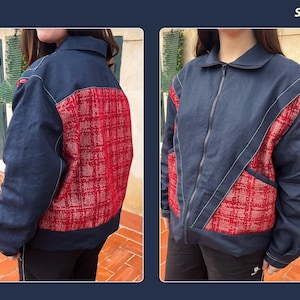 Peut inclure: Une veste bleu marine avec un motif &eacute;cossais rouge et blanc sur le dos et les manches. La veste a une fermeture &eacute;clair et des d&eacute;tails de couture blancs.